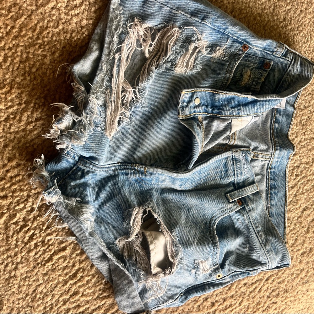 Levi's Blue Distressed Jean Shorts with Frayed Hem